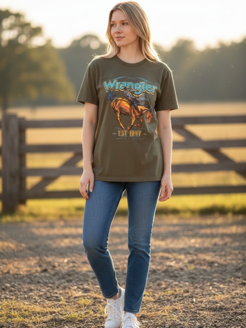 Wrangler Olive Green Rodeo Graphic Tee with Turquoise Logo